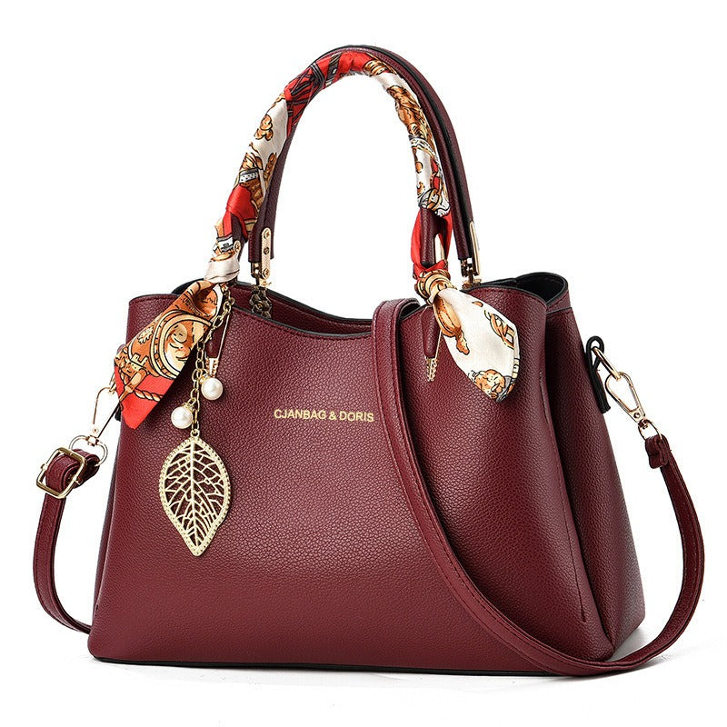 Elegant Women’s Large Capacity Shoulder Tote Bag with Scarf & Gold Leaf Charm