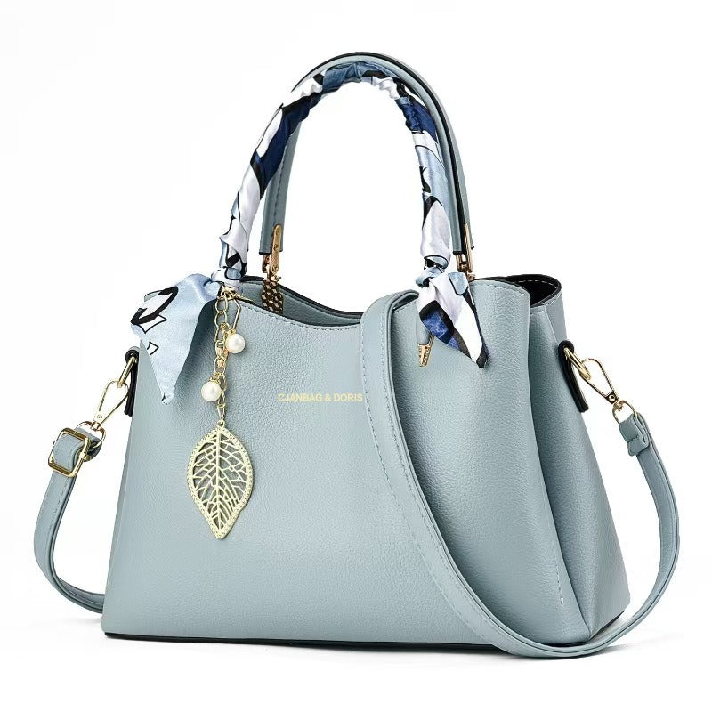 Elegant Women’s Large Capacity Shoulder Tote Bag with Scarf & Gold Leaf Charm