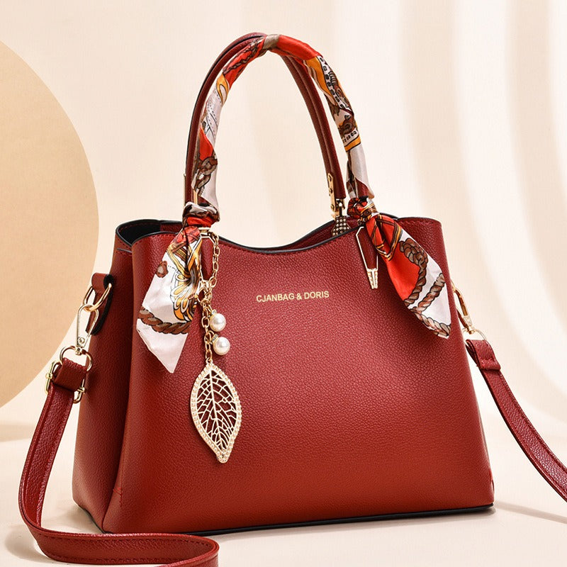 Elegant Women’s Large Capacity Shoulder Tote Bag with Scarf & Gold Leaf Charm