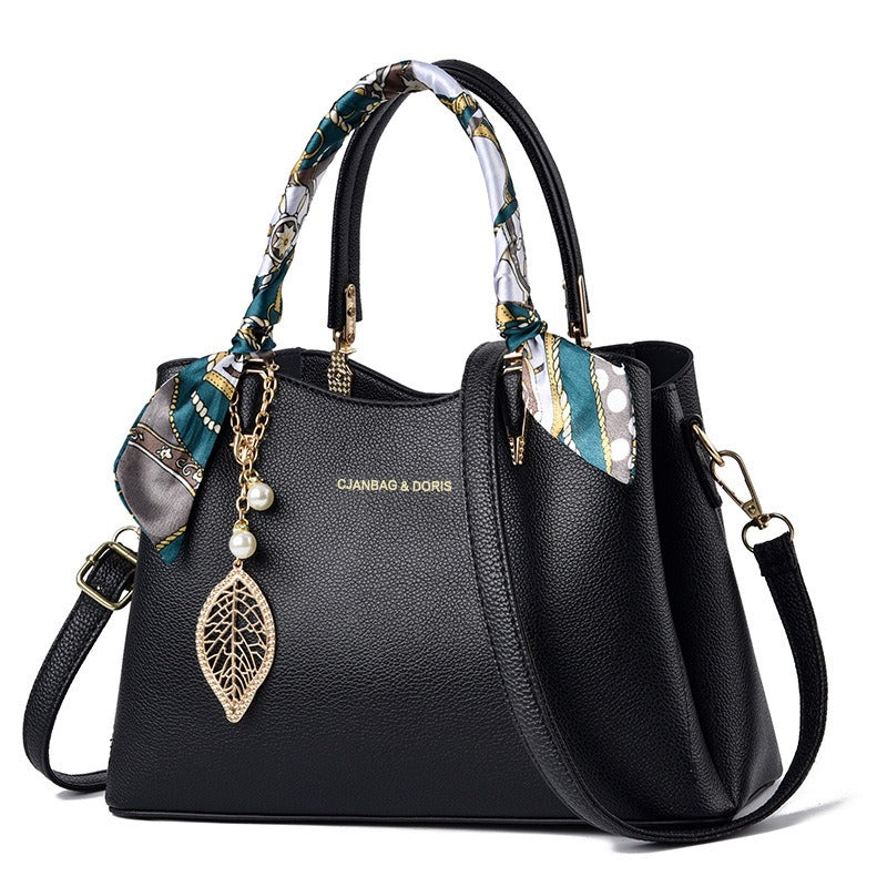 Elegant Women’s Large Capacity Shoulder Tote Bag with Scarf & Gold Leaf Charm
