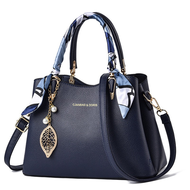 Elegant Women’s Large Capacity Shoulder Tote Bag with Scarf & Gold Leaf Charm