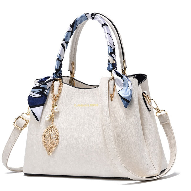 Elegant Women’s Large Capacity Shoulder Tote Bag with Scarf & Gold Leaf Charm